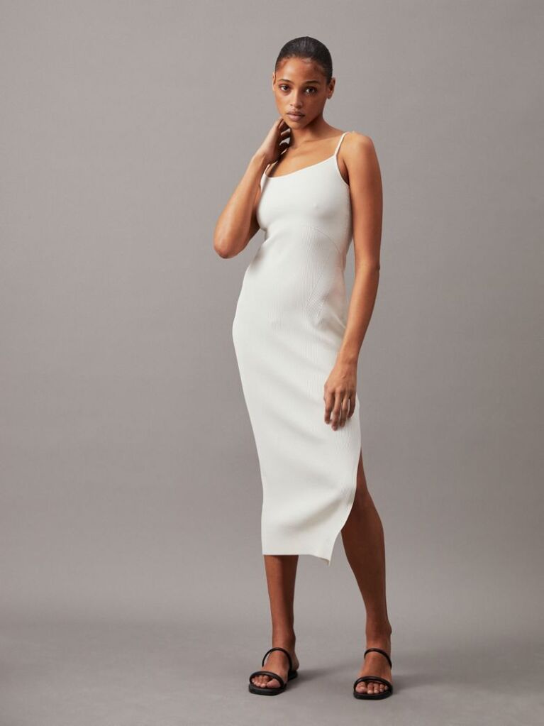White Sculpted Knit Midi Dress  Women