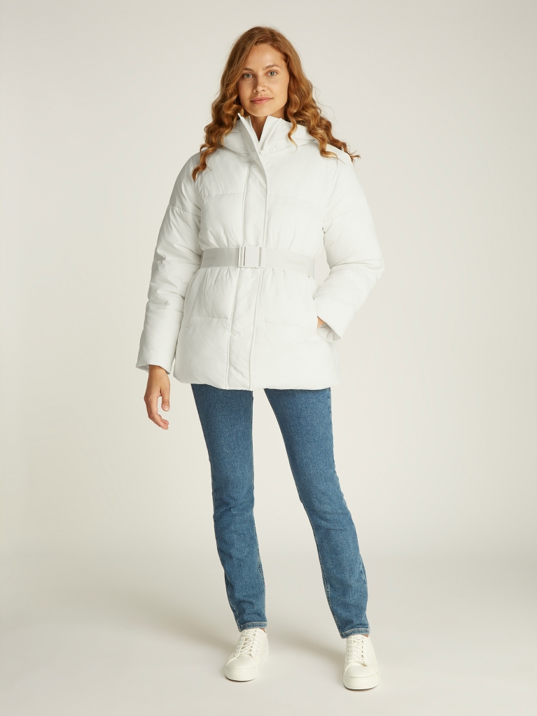 White Logo Belt Short Puffer  Women