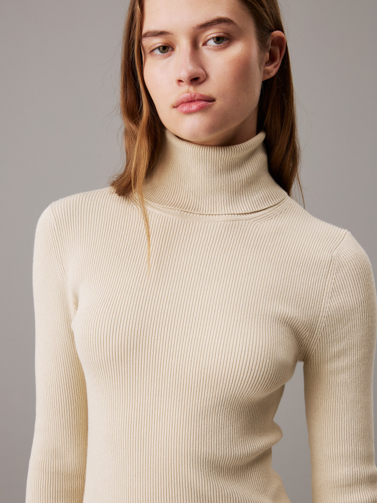 Beige Slim Ribbed Cotton Jumper Dress  Women