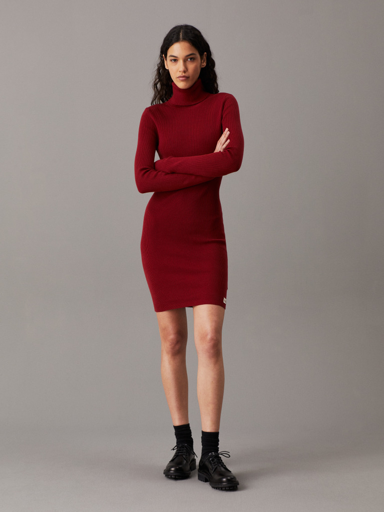 Red Slim Ribbed Cotton Jumper Dress  Women