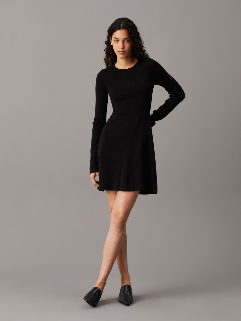 Black Ribbed Cotton Flared Jumper Dress  Women