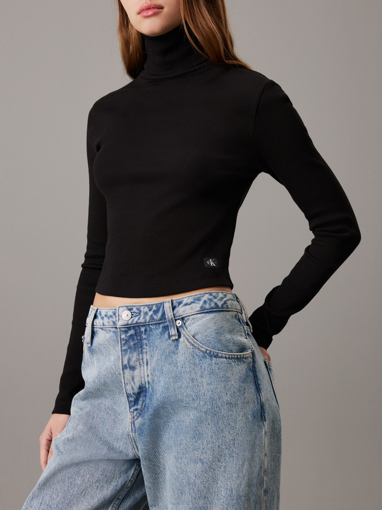Black Slim Ribbed Cotton Roll Neck Top  Women