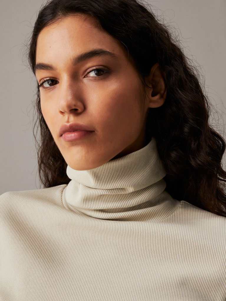 Beige Slim Ribbed Cotton Roll Neck Top  Women