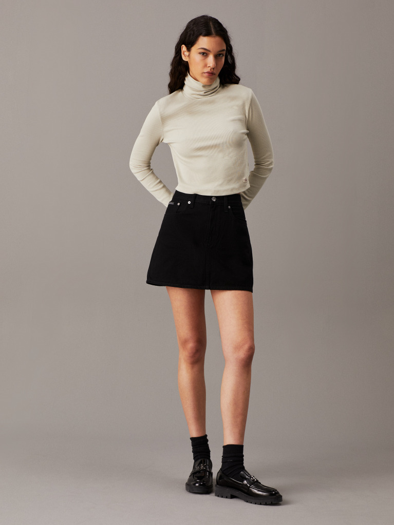 Beige Slim Ribbed Cotton Roll Neck Top  Women