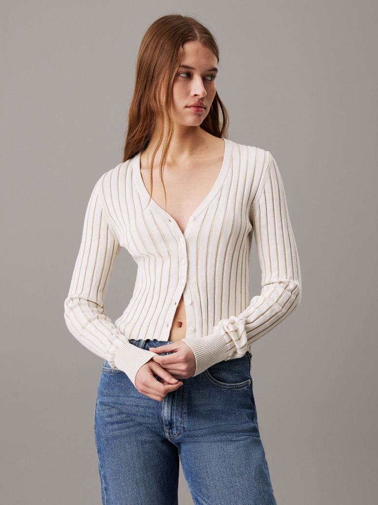 White Slim Plated Cotton Cardigan  Women