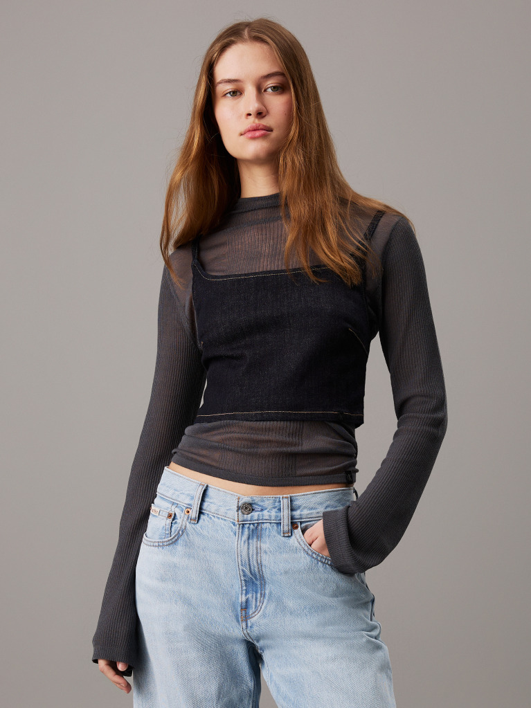 Grey Sheer Knit Long Sleeve Top  Women