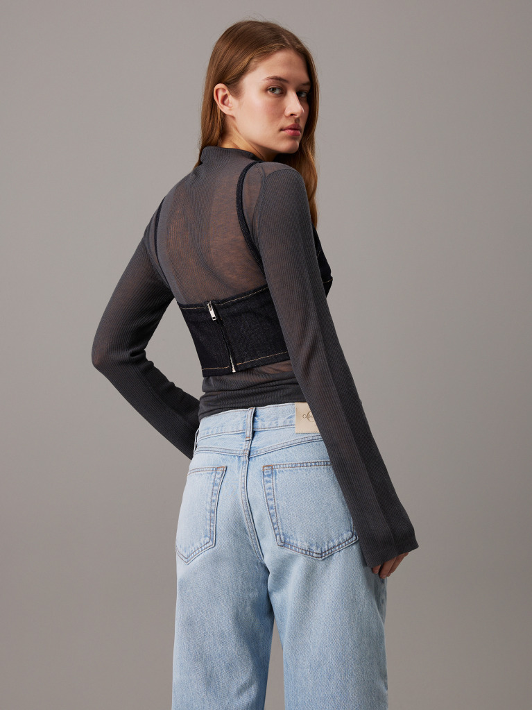 Grey Sheer Knit Long Sleeve Top  Women