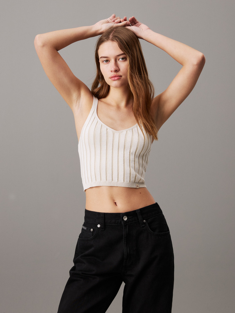 White Plated Cotton Knit Bralette Top  Women