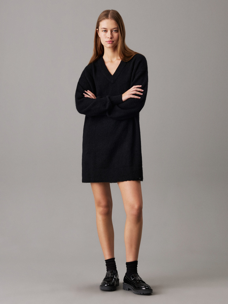 Black Soft wool blend jumper dress with V-neckline  Women