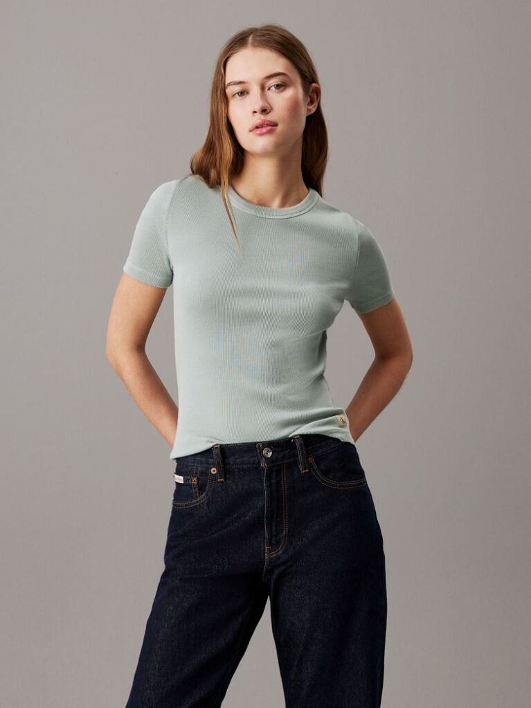 Grey Washed Ribbed Cotton T-shirt  Women