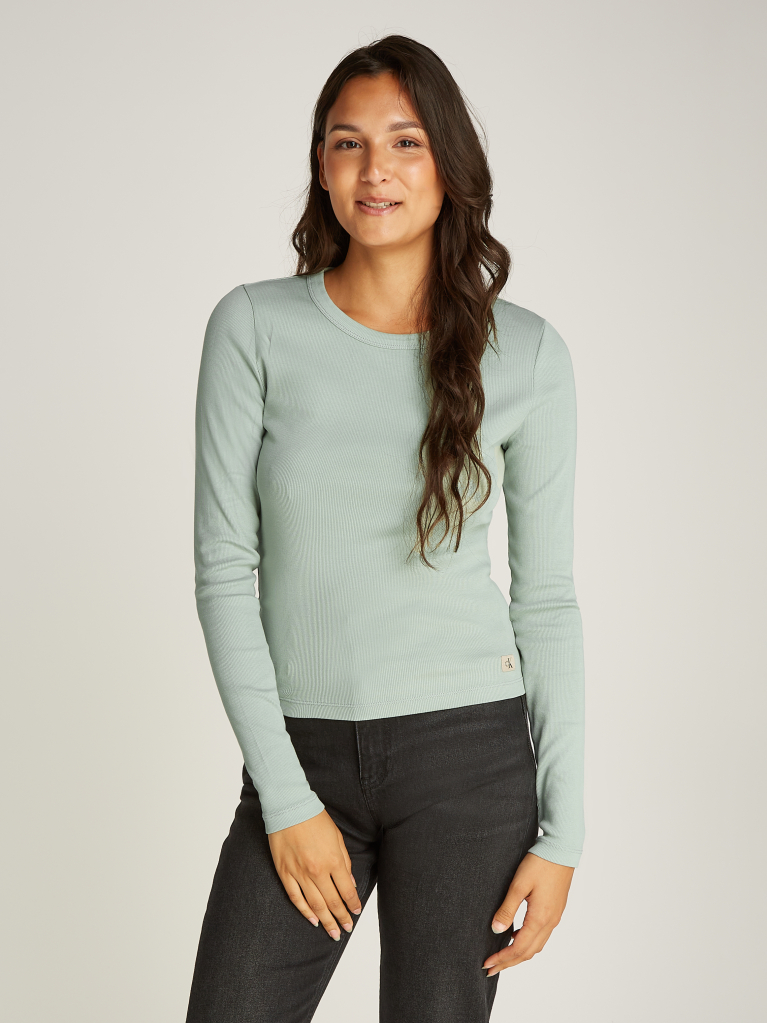 Green Washed Label Rib Long-Sleeved Top  Women