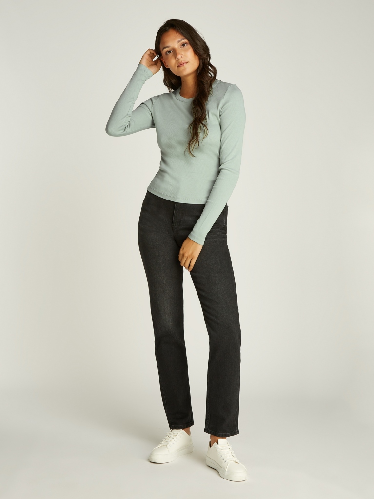 Green Washed Label Rib Long-Sleeved Top  Women