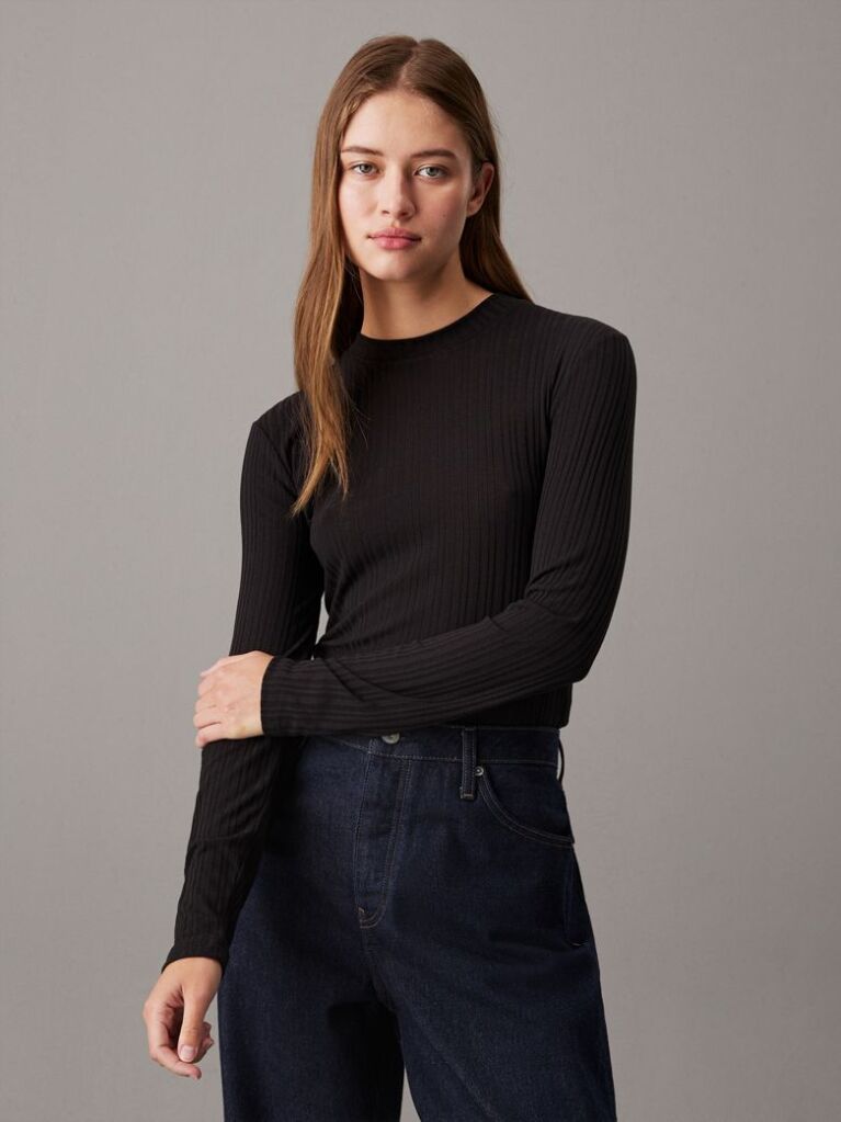 Black Semi Sheer Rib Long Sleeve Top  Women