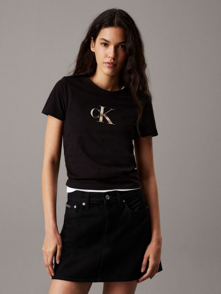 Μαύρο T-shirt Με Λογότυπο Σε Στενή Γραμμή  Γυναίκα