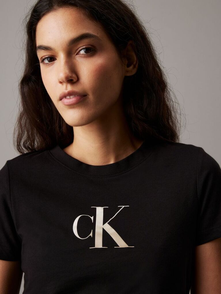 Μαύρο T-shirt Με Λογότυπο Σε Στενή Γραμμή  Γυναίκα