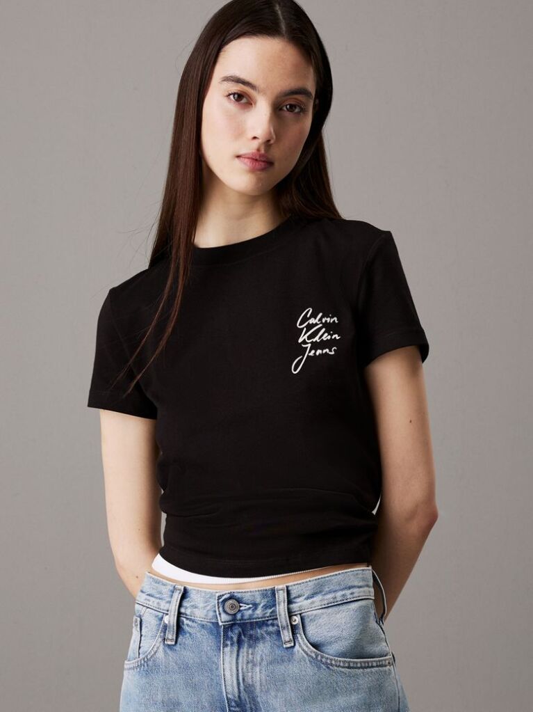 Μαύρο T-shirt Με Λογότυπο Σε Στενή Γραμμή  Γυναίκα