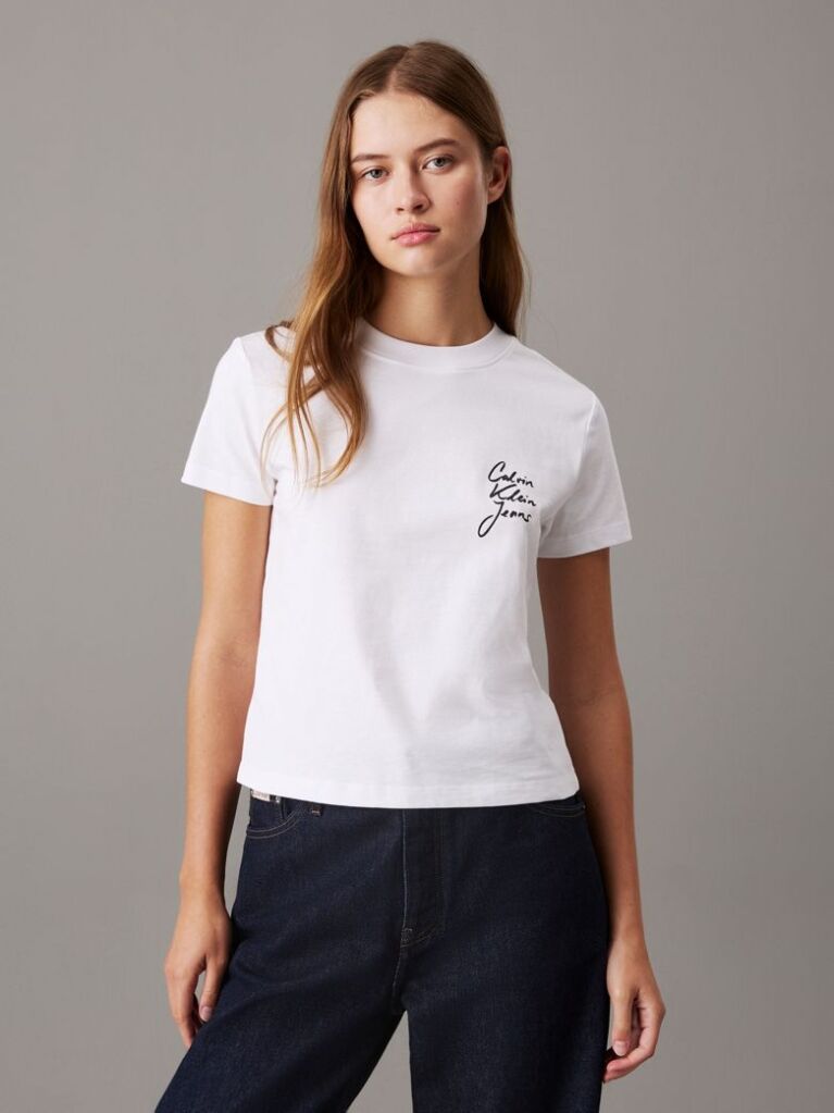 Λευκό T-shirt Με Λογότυπο Σε Στενή Γραμμή  Γυναίκα