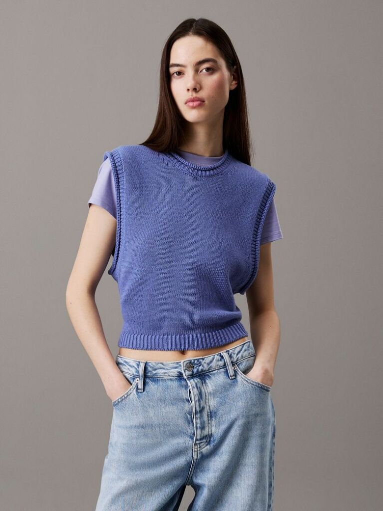 Blue Relaxed Cotton Linen Knit Top  Women