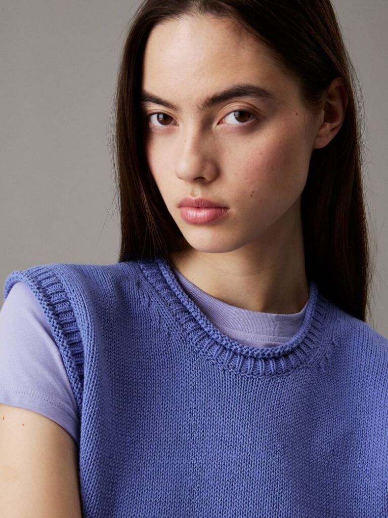 Blue Relaxed Cotton Linen Knit Top  Women