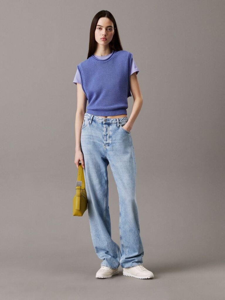 Blue Relaxed Cotton Linen Knit Top  Women
