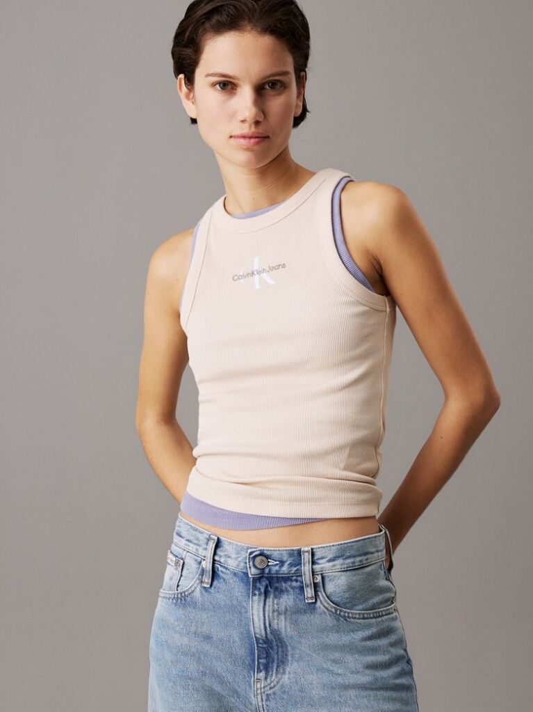 Beige Slim Ribbed Monogram Tank Top  Women