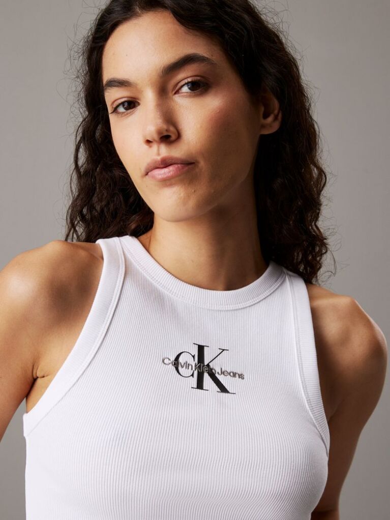 White Slim Ribbed Monogram Tank Top  Women
