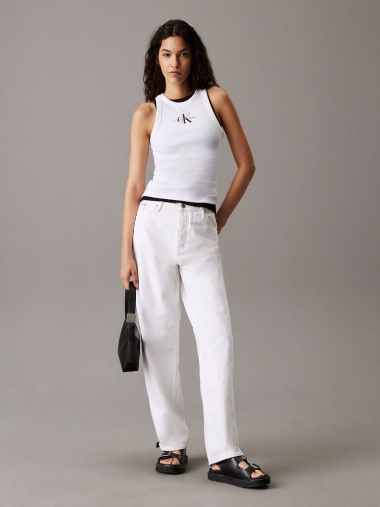 White Slim Ribbed Monogram Tank Top  Women