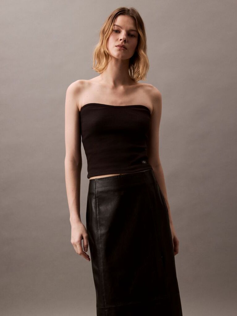 Black Ribbed Cotton Strapless Top  Women