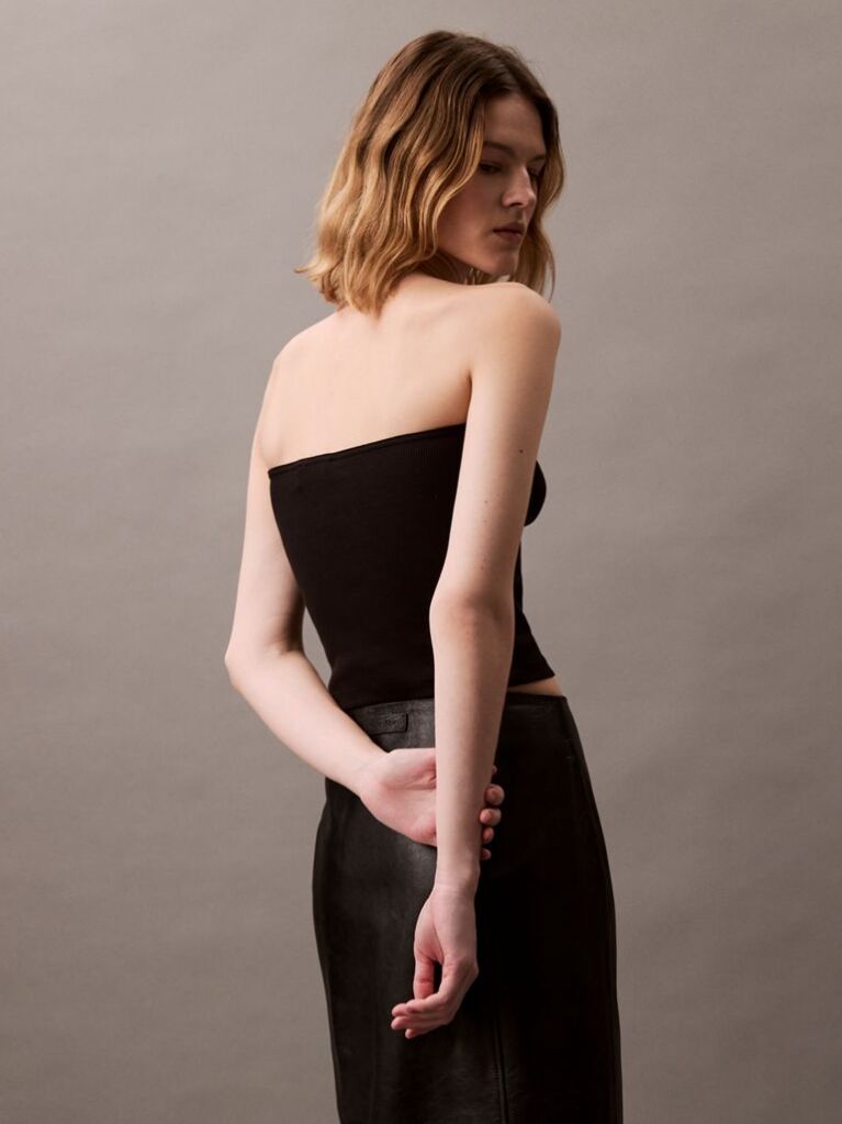 Black Ribbed Cotton Strapless Top  Women