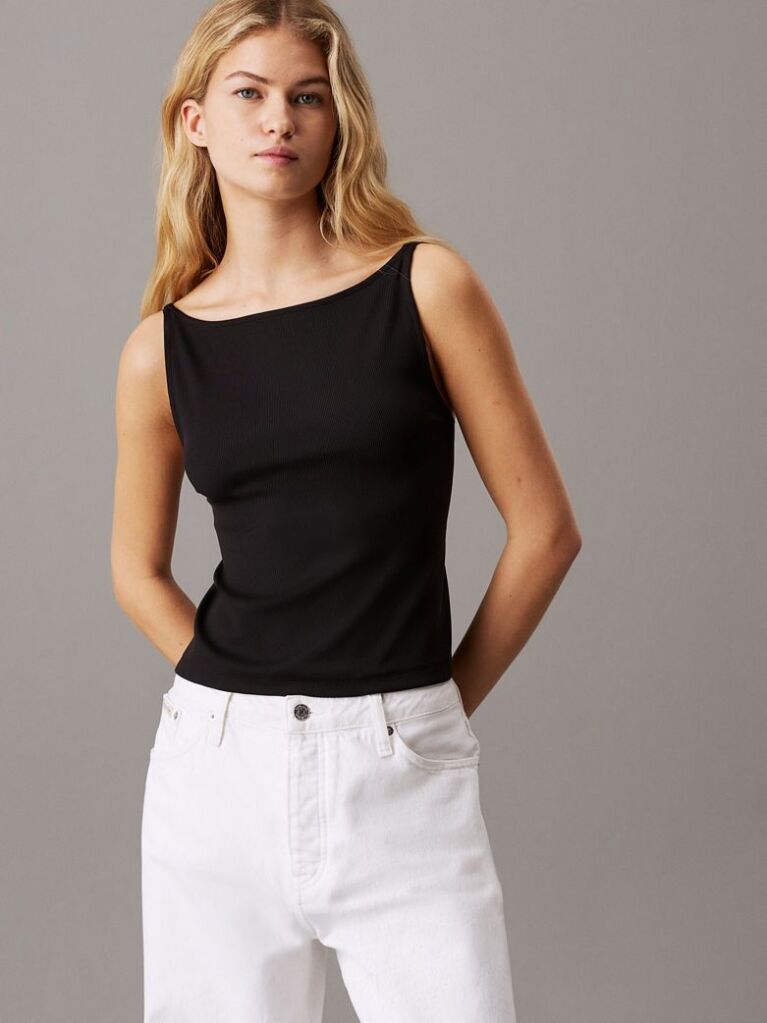 Black Logo Tape Open Back Top  Women