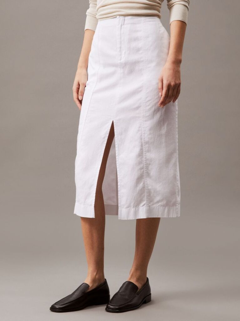 Λευκό Βαμβακερή Λινή Midi Φούστα Από Twill  Γυναίκα
