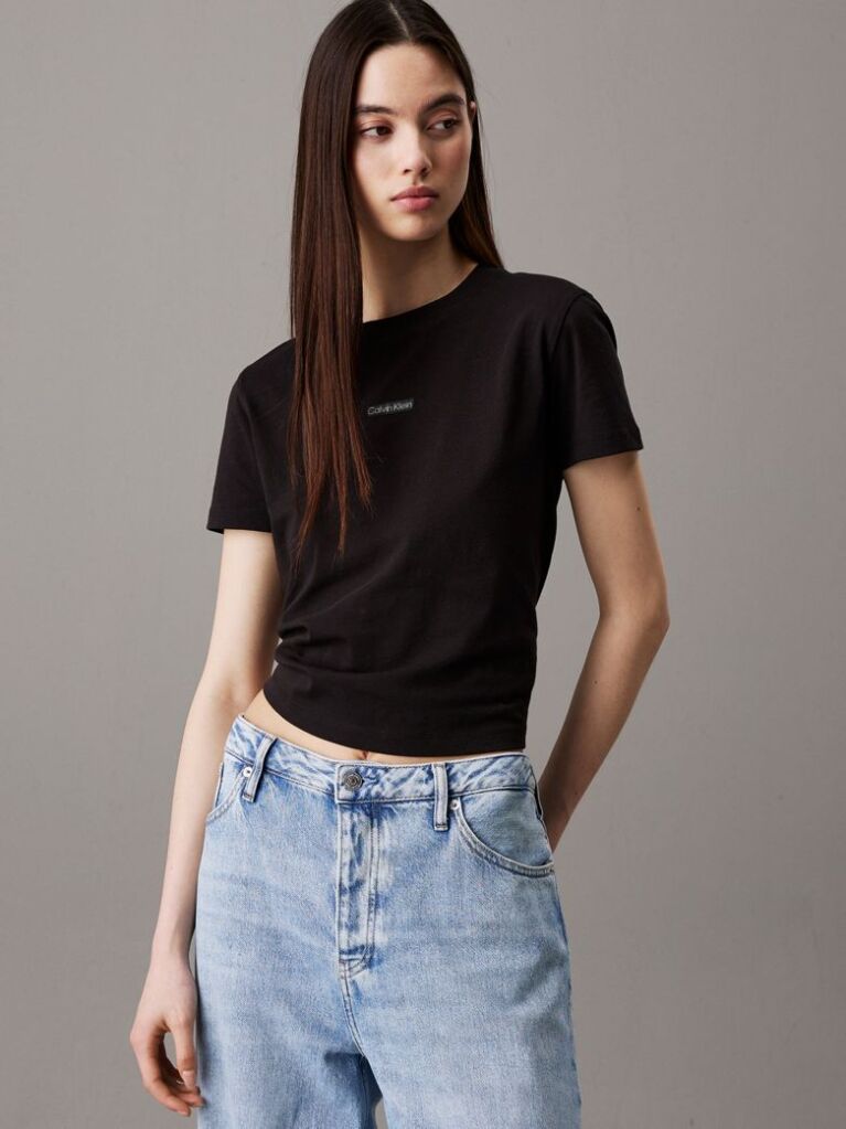 Black Slim Cropped Badge T-shirt  Women