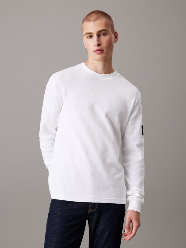White Slim Long Sleeve Waffle T-shirt  Men