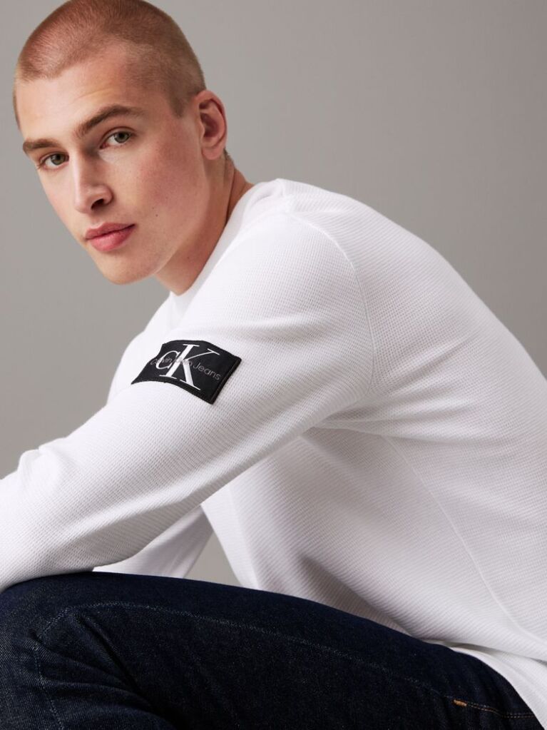 White Slim Long Sleeve Waffle T-shirt  Men