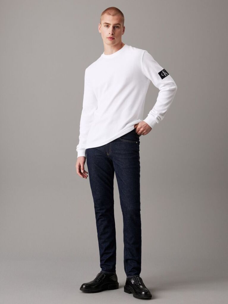 White Slim Long Sleeve Waffle T-shirt  Men