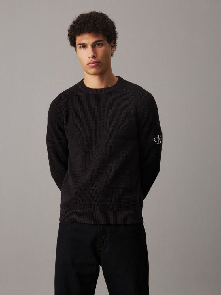 Black Waffle Cotton Badge Jumper  Men