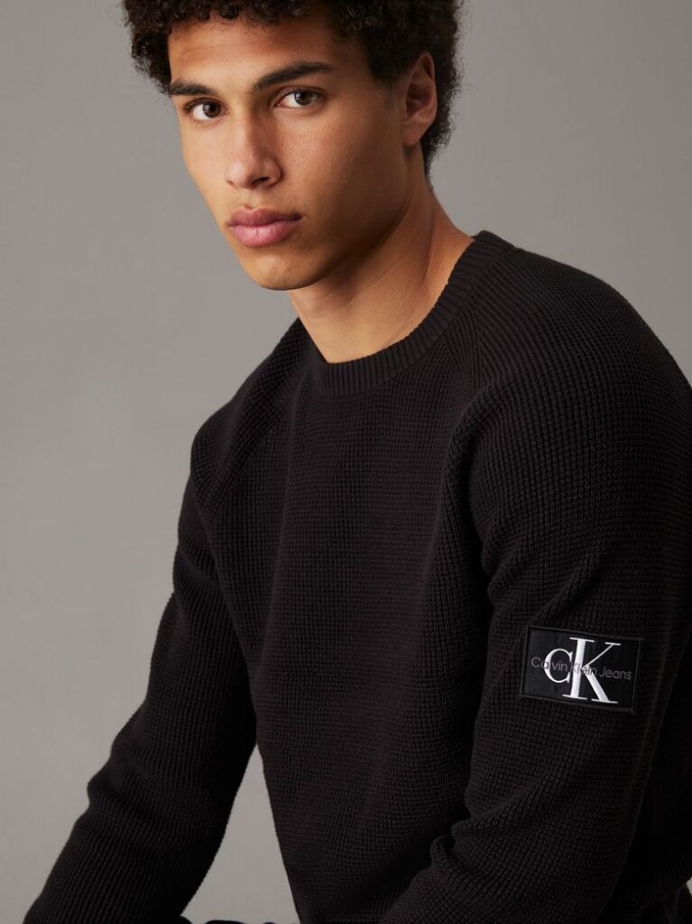 Black Waffle Cotton Badge Jumper  Men