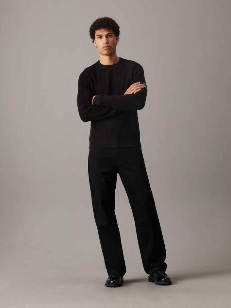 Black Waffle Cotton Badge Jumper  Men