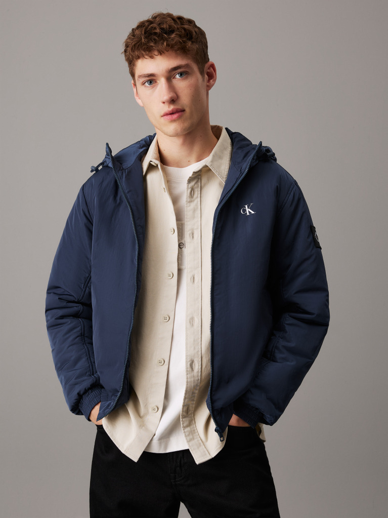 Blue Nylon Hooded Zip Up Jacket  Men