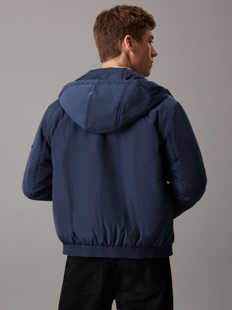 Blue Nylon Hooded Zip Up Jacket  Men