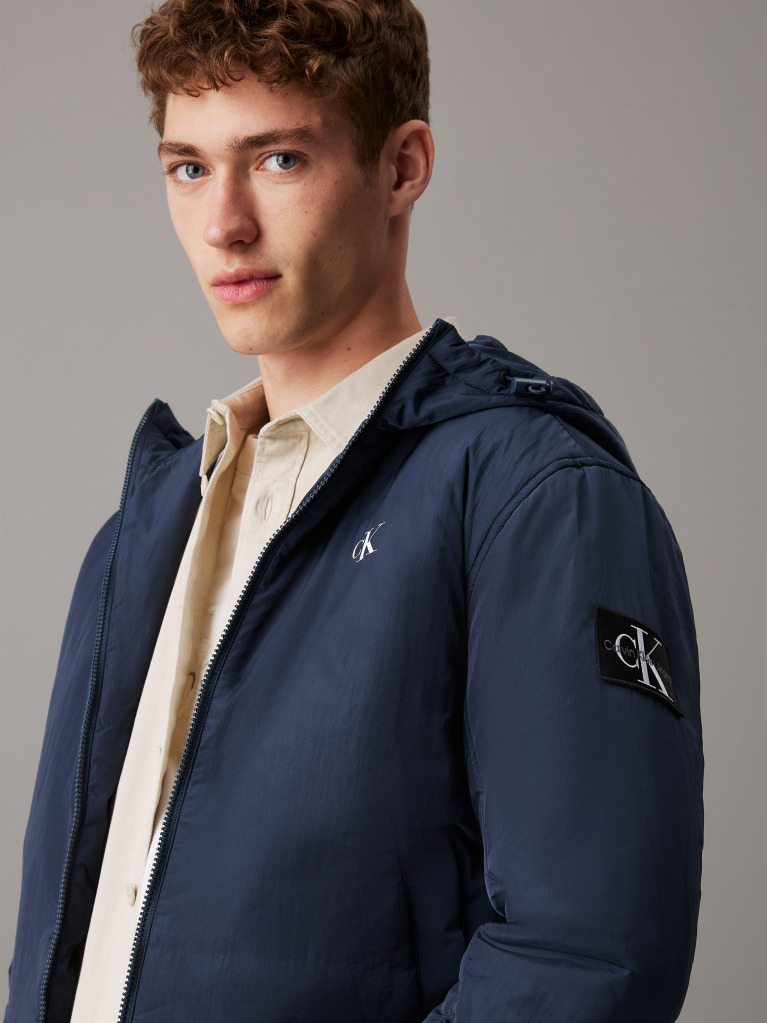 Blue Nylon Hooded Zip Up Jacket  Men