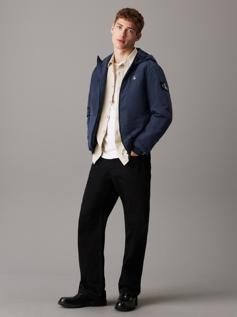 Blue Nylon Hooded Zip Up Jacket  Men