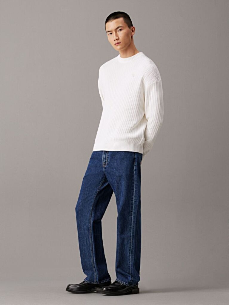 White Relaxed Ribbed Cotton Jumper  Men