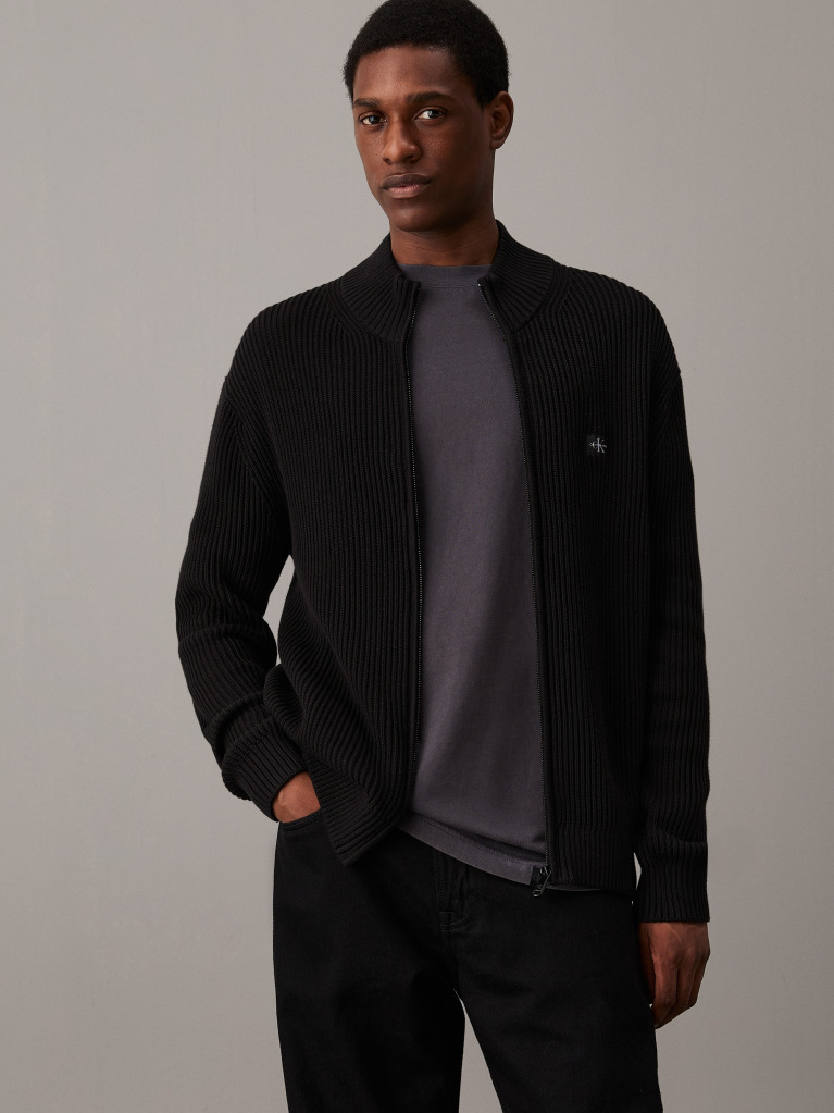 Black Ribbed Cotton Zip Up Cardigan  Men