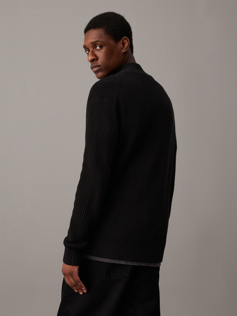 Black Ribbed Cotton Zip Up Cardigan  Men
