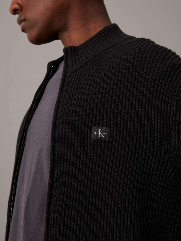 Black Ribbed Cotton Zip Up Cardigan  Men