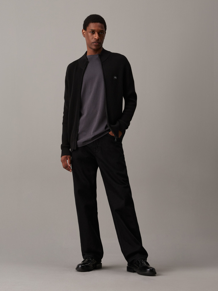 Black Ribbed Cotton Zip Up Cardigan  Men