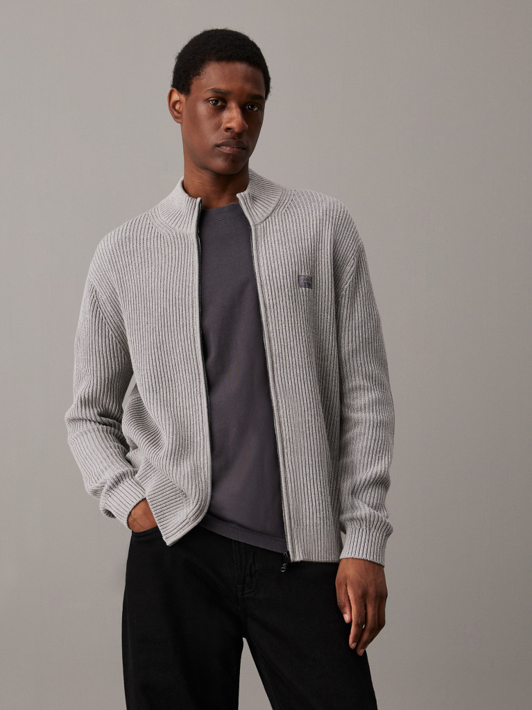 Grey Ribbed Cotton Zip Up Cardigan  Men