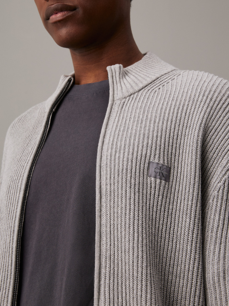 Grey Ribbed Cotton Zip Up Cardigan  Men