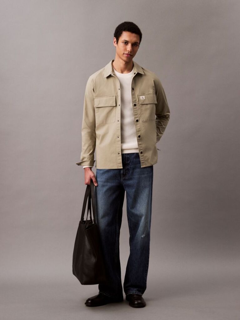 Khaki Relaxed Cotton Ripstop Shirt Jacket  Men